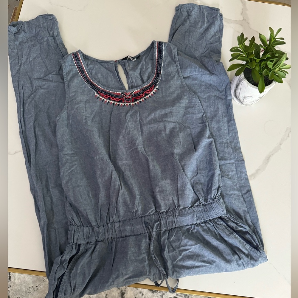 Lightweight Denim Overalls Scoopneck Jumpsuit Romper drawstring waist